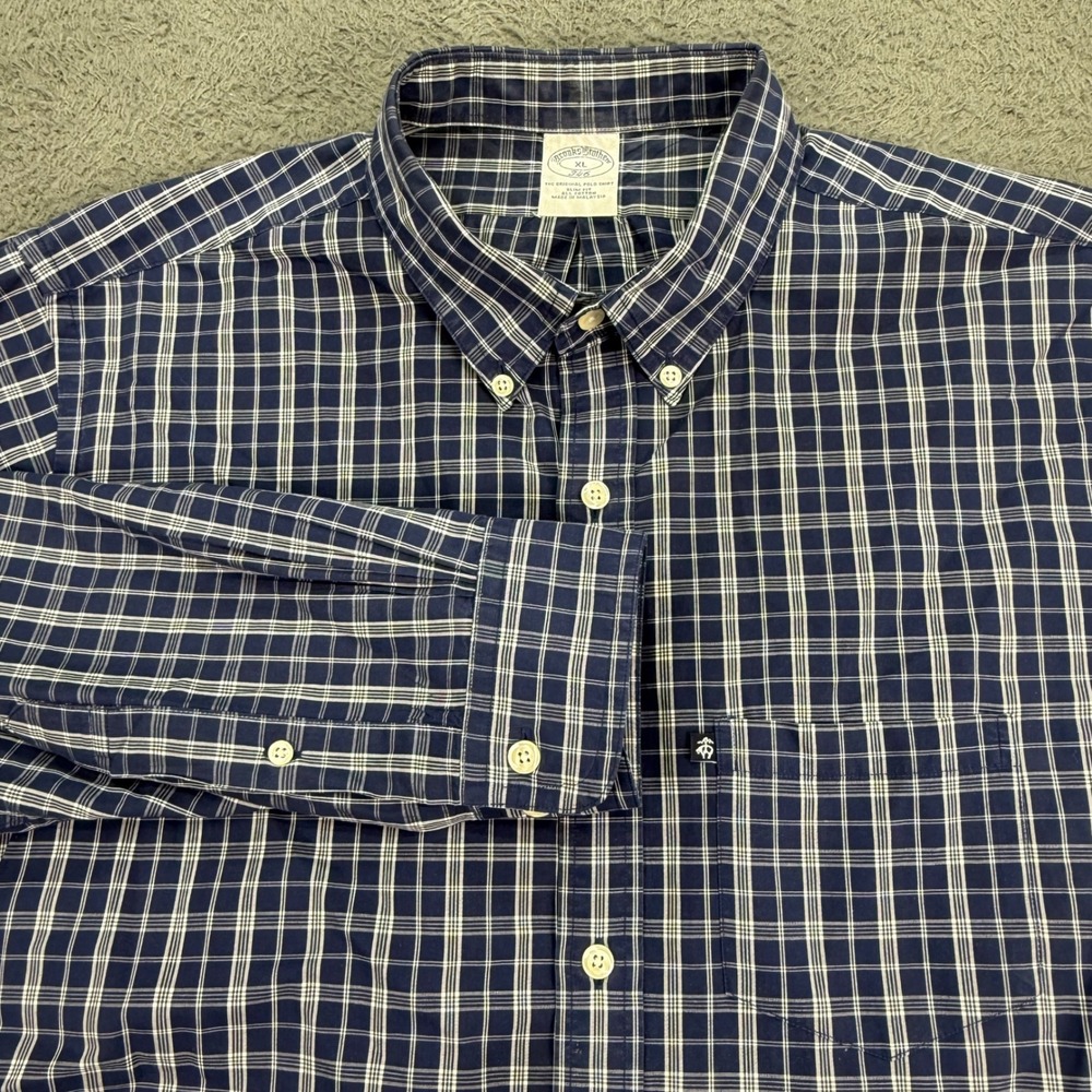 Brooks Brothers 346 Button Down Shirt Mens‎ XL Navy Blue Plaid Slim Fit Cotton